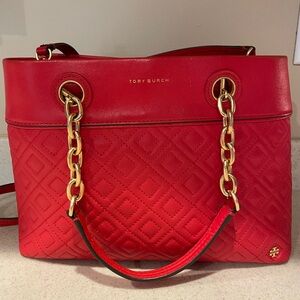 Tory Burch Red Quilted Leather Tote Bag
